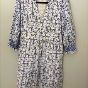 Blue and White Patterned Women's Dress - Size Large